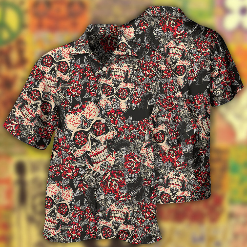 Creative Floral Sugar Skull Design Hawaiian Shirt For Island Vacations, Resort Wear, And Relaxed Seasonal Style