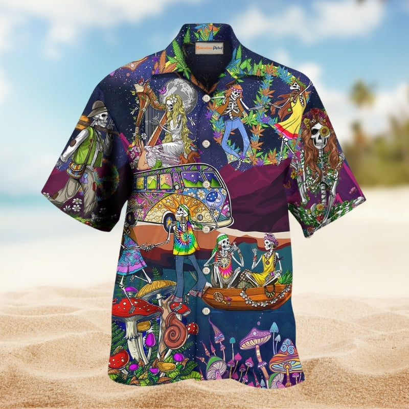 Hippie Skull Dancing Moon Hawaiian Shirt For Mythic Art Lovers, Coastal Outings, And Thoughtful Gift Giving