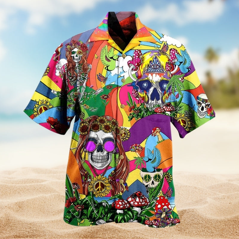 Hippie Skull Peace Psychedelic Art Hawaiian Shirt For Seasonal Celebration, Summer Vacation, And Warm Weather Fashion