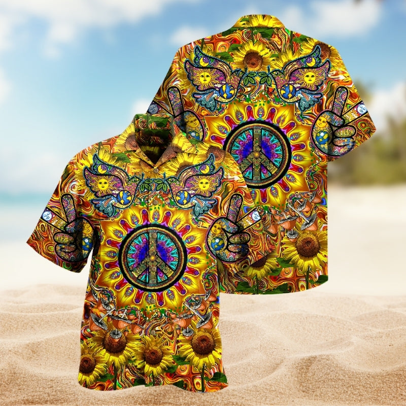 Hippie Sunflower Peace Psychedelic Art Hawaiian Shirt For Island Adventure, Weekend Escape, And Relaxed Summer Style