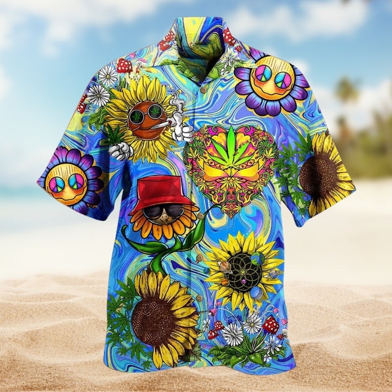Hippie Sunflower Peace Psychedelic Art Hawaiian Shirt For Seasonal Celebration, Summer Vacation, And Casual Wear