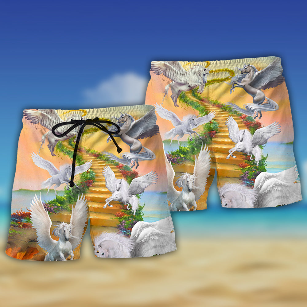 Horse Paradise Dream Fantasy Beach Shorts Design Detail For Casual Warm Weather Outfits