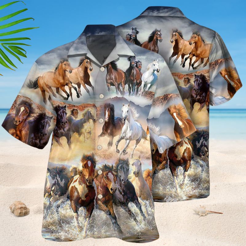 Horse Running Hawaiian Shirt For Coastal Travel, Casual Events, And Comfortable Summer Wear