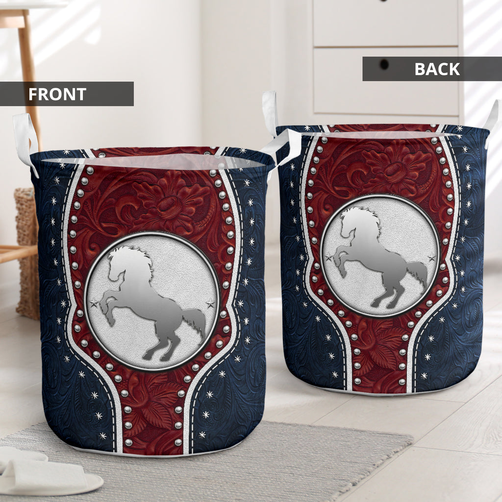 Horse Navy Leather Blue And Red Laundry Basket For Room Home Organizer