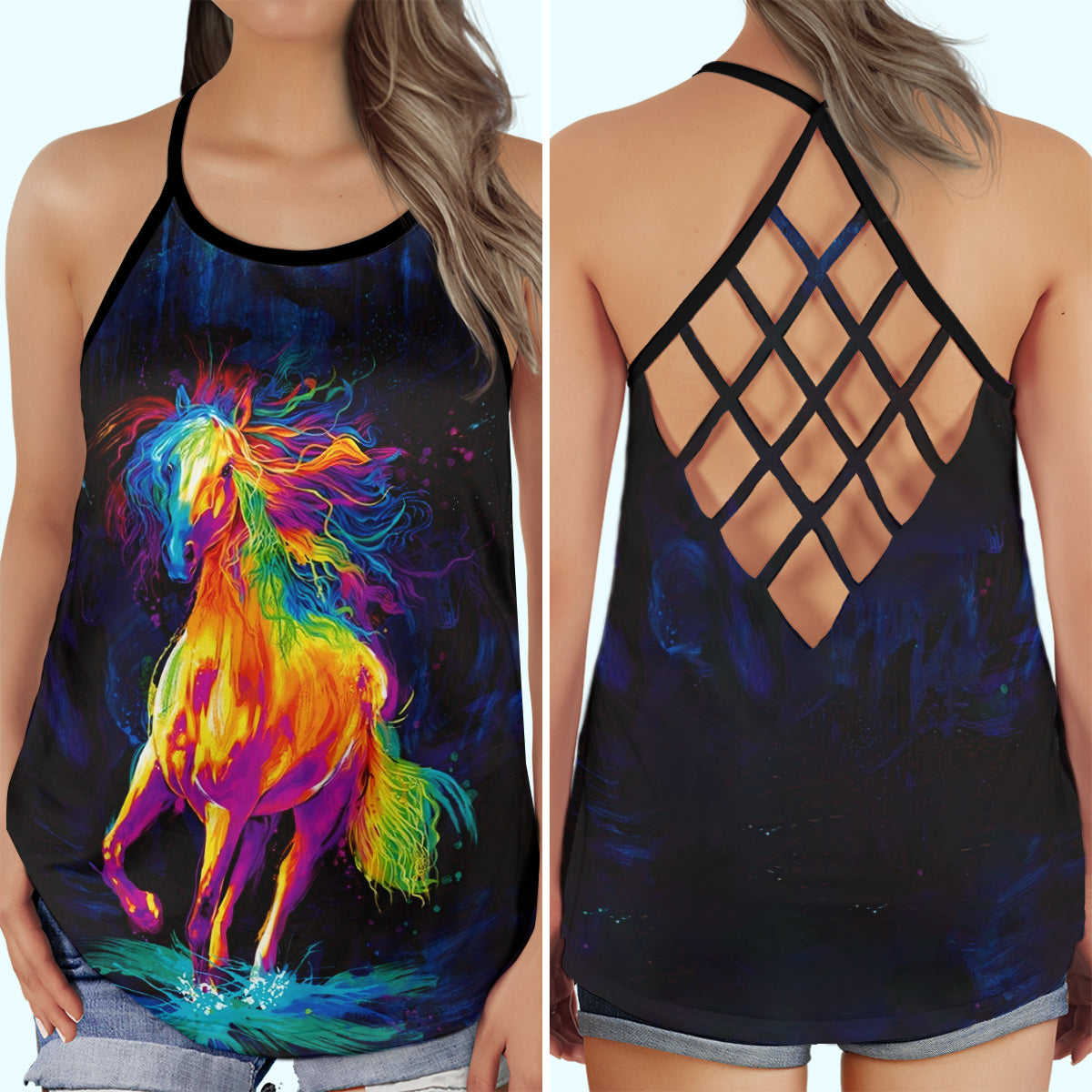 Horse Rainbow Run Colorful Hollow Tank Top For Yoga Workouts And Casual Wear