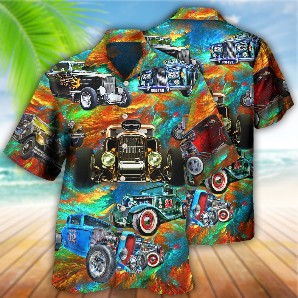 Hot Rod Hawaiian Shirt With All Over Print For Tropical Parties Vacation Travel And Casual Summer Style