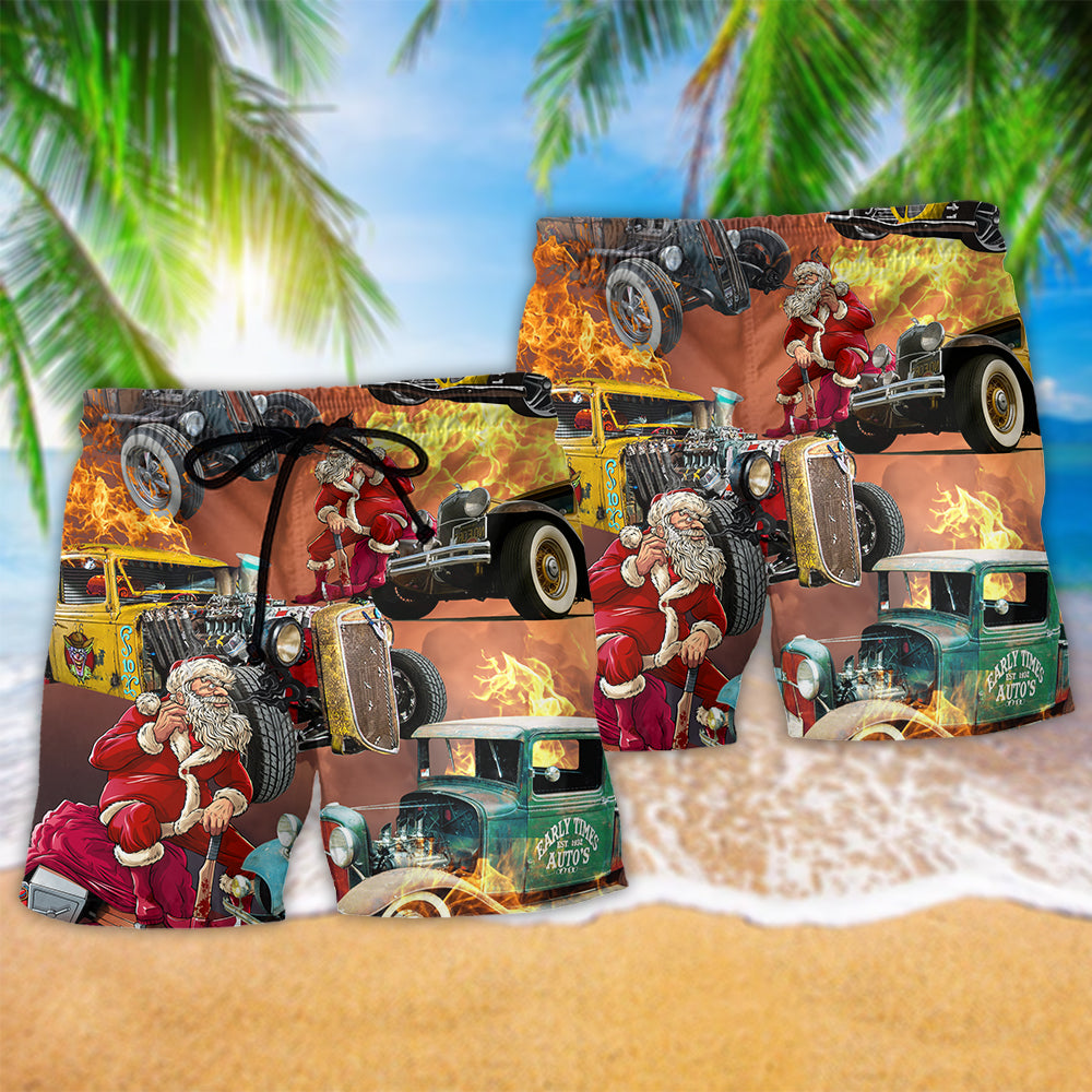 Hot Rod Santa Fire Christmas Beach Shorts Pattern Detail For Everyday Outings And Easygoing Coastal Style