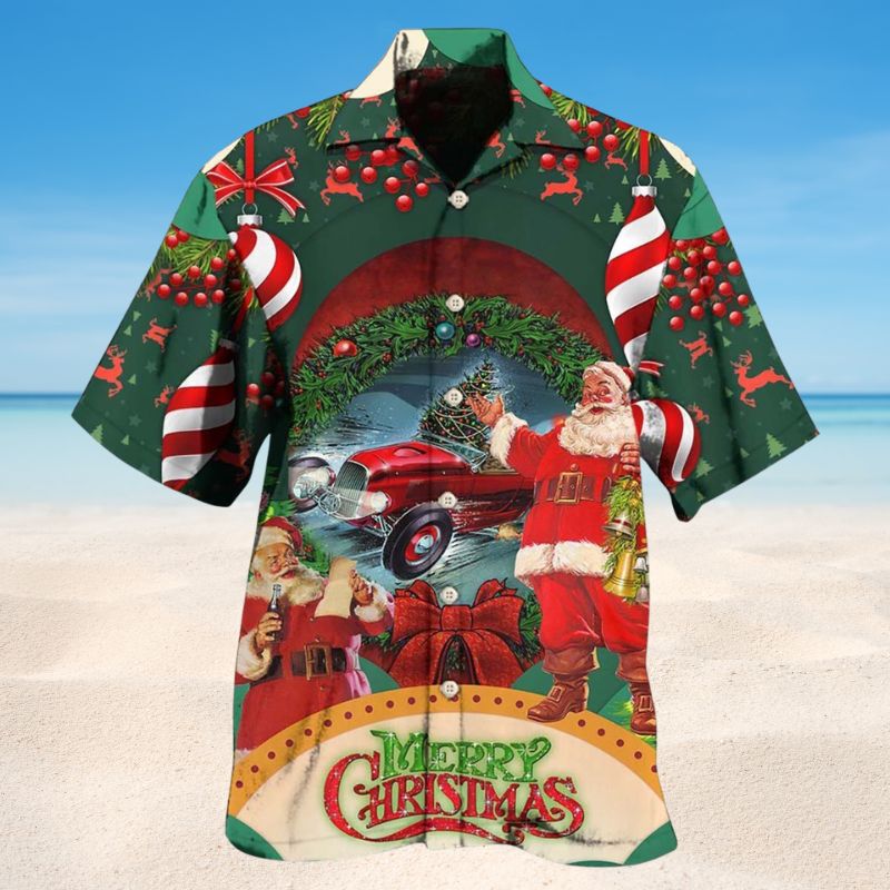 Festive Hot Rod Christmas Hawaiian Shirt For Island Vacations, Resort Wear, And Relaxed Seasonal Style