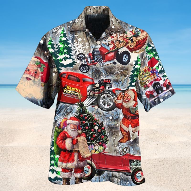 Festive Hot Rod Christmas Hawaiian Shirt For Holiday Parties, Tropical Vacations, And Festive Gift Giving
