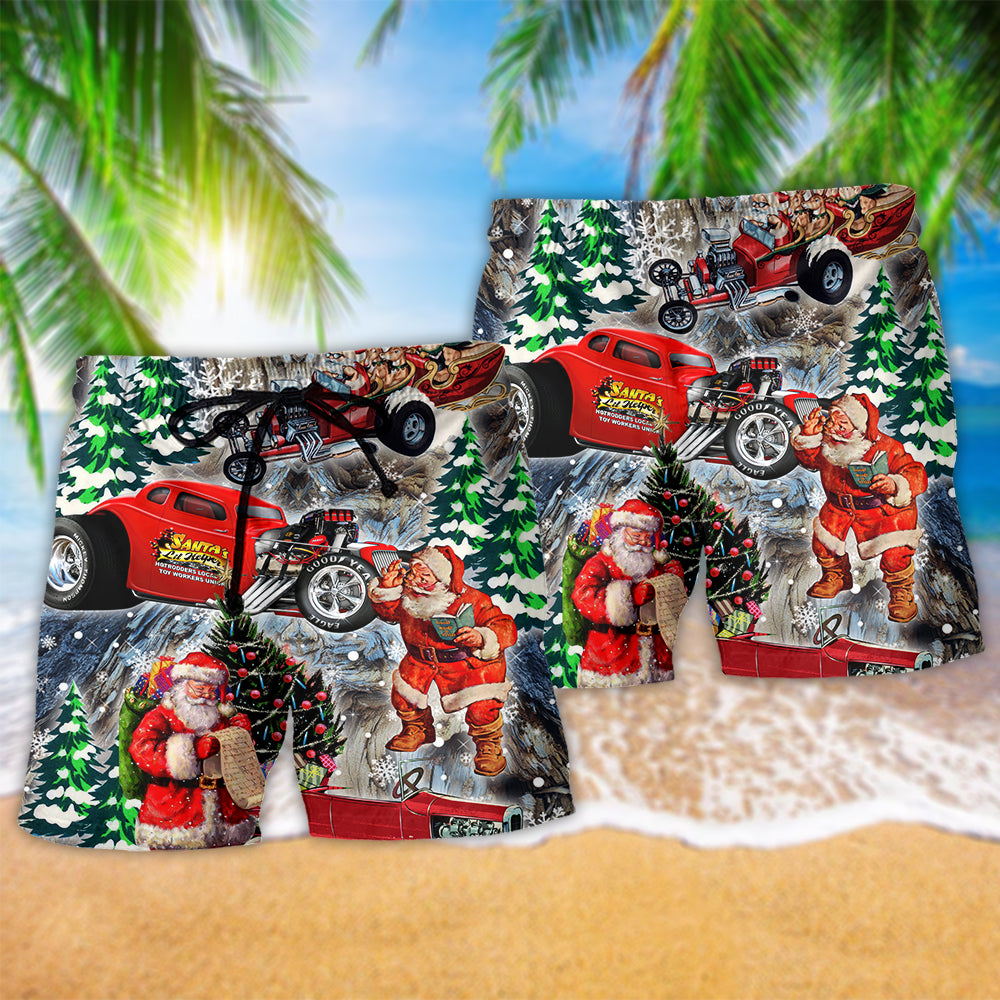 Hot Rod Merry Christmas Red Style Hawaiian Print Beach Shorts For Seasonal Summer Travel