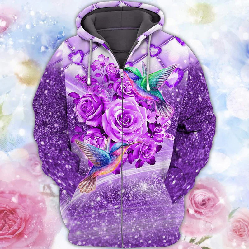 Purple Hummingbird Flowers Hoodie For Weekend Adventures Casual Style And Relaxed Comfort