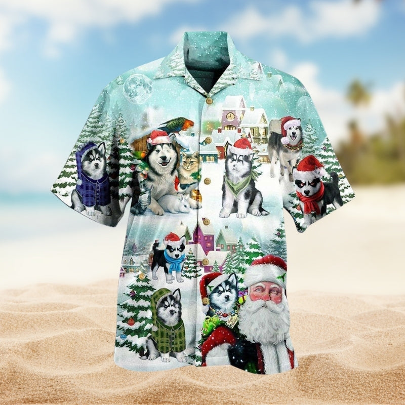 Festive Christmas Detailed Graphic Hawaiian Shirt For Winter Celebrations, Beach Travel, And Relaxed Holiday Wear