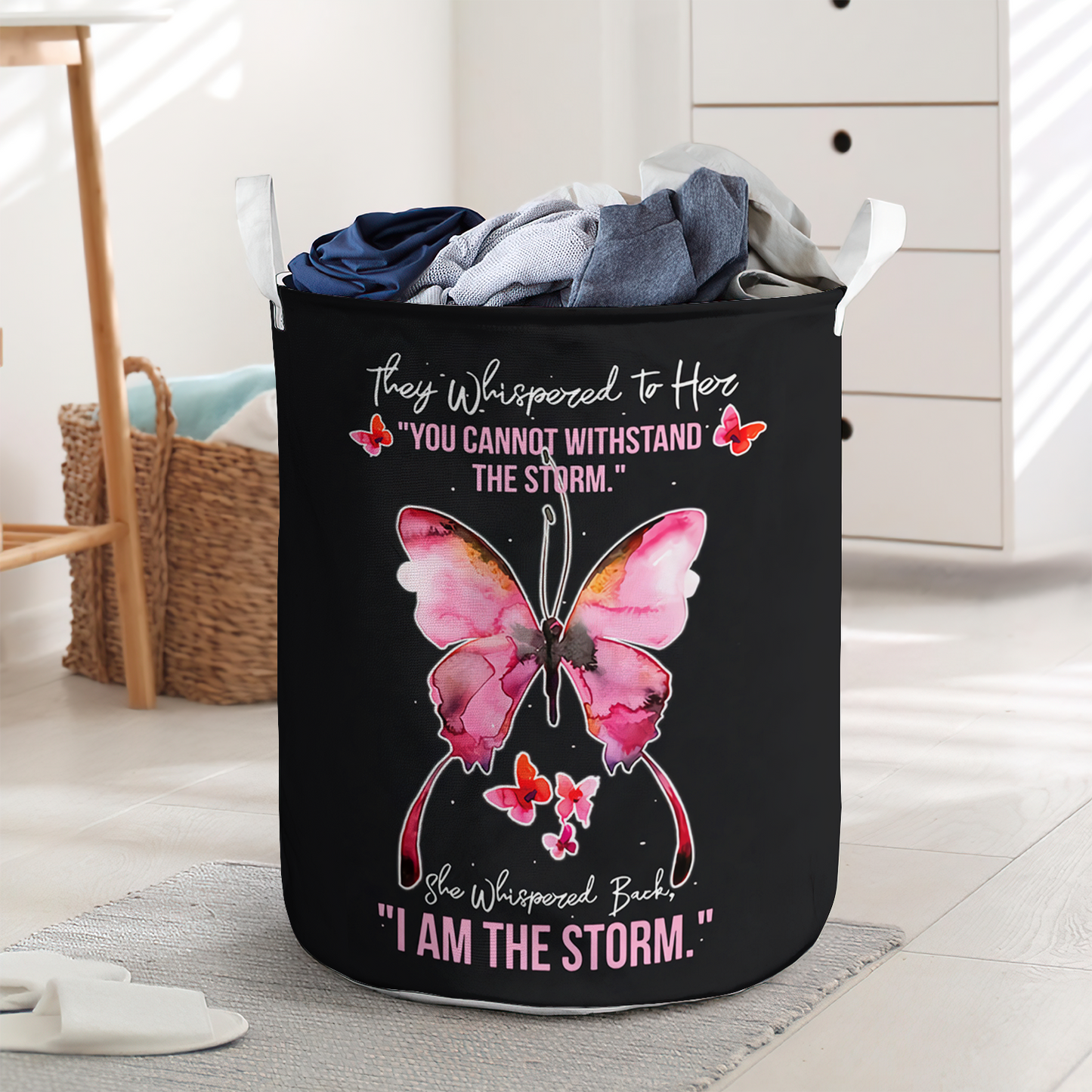 Pink Butterfly I Am The Storm Laundry Basket For Bathroom Bedroom Storage