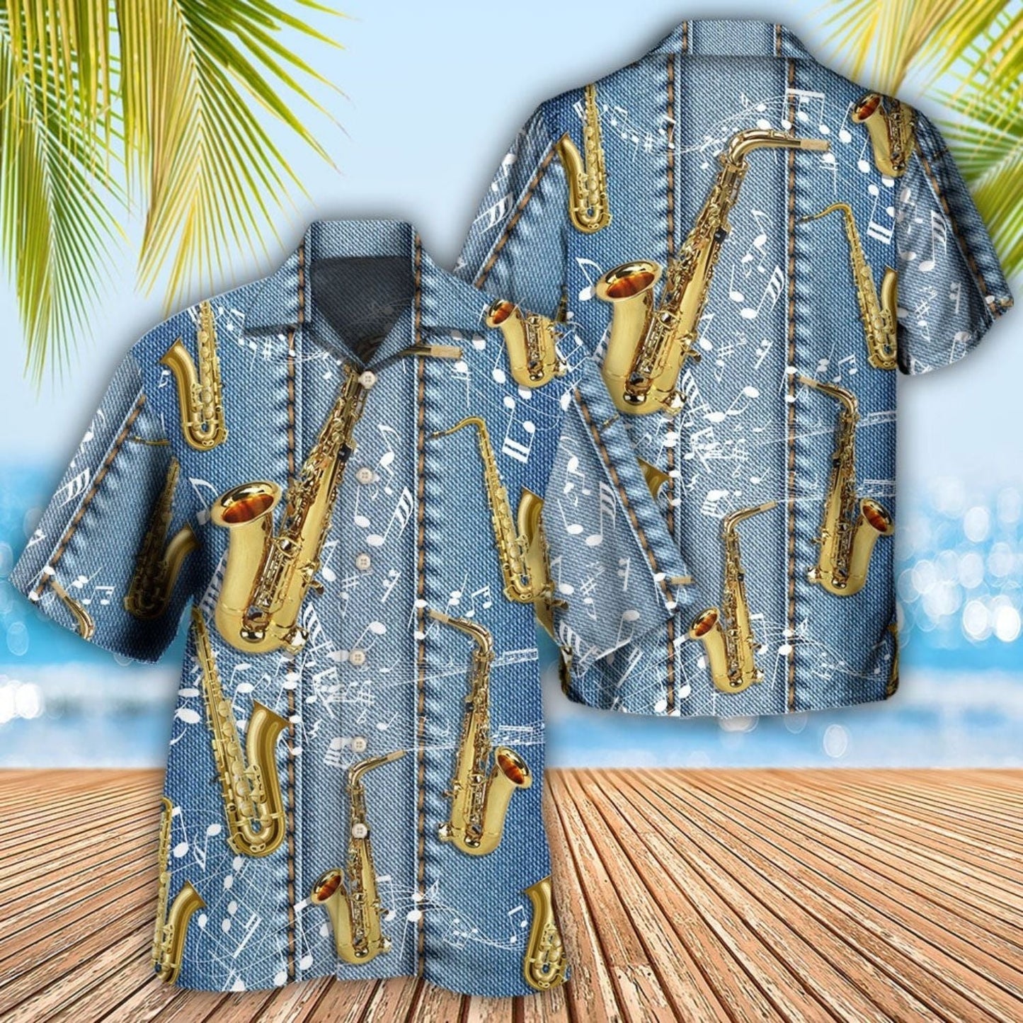 Saxophone Denim Music Notes Hawaiian Shirt Design View For Resort Travel And Thoughtful Gifting