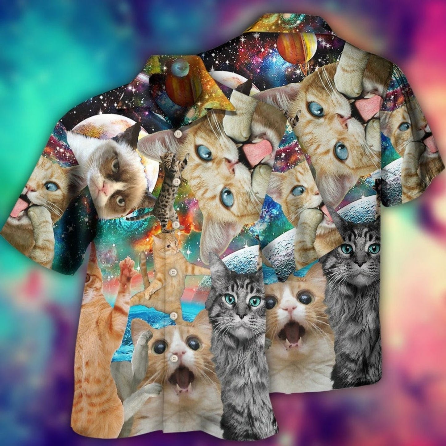 Galaxy Funny Cat Space Hawaiian Shirt Graphic Artwork Detail For Tropical Vacations