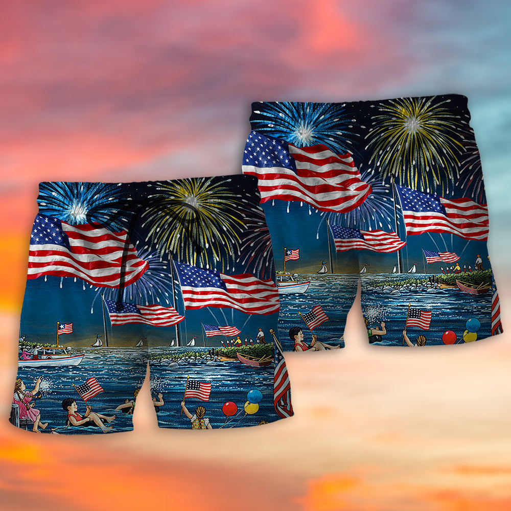 Independence Fireworks Beach Shorts Pattern Detail For Sunny Day Activities And Flexible Everyday Wear