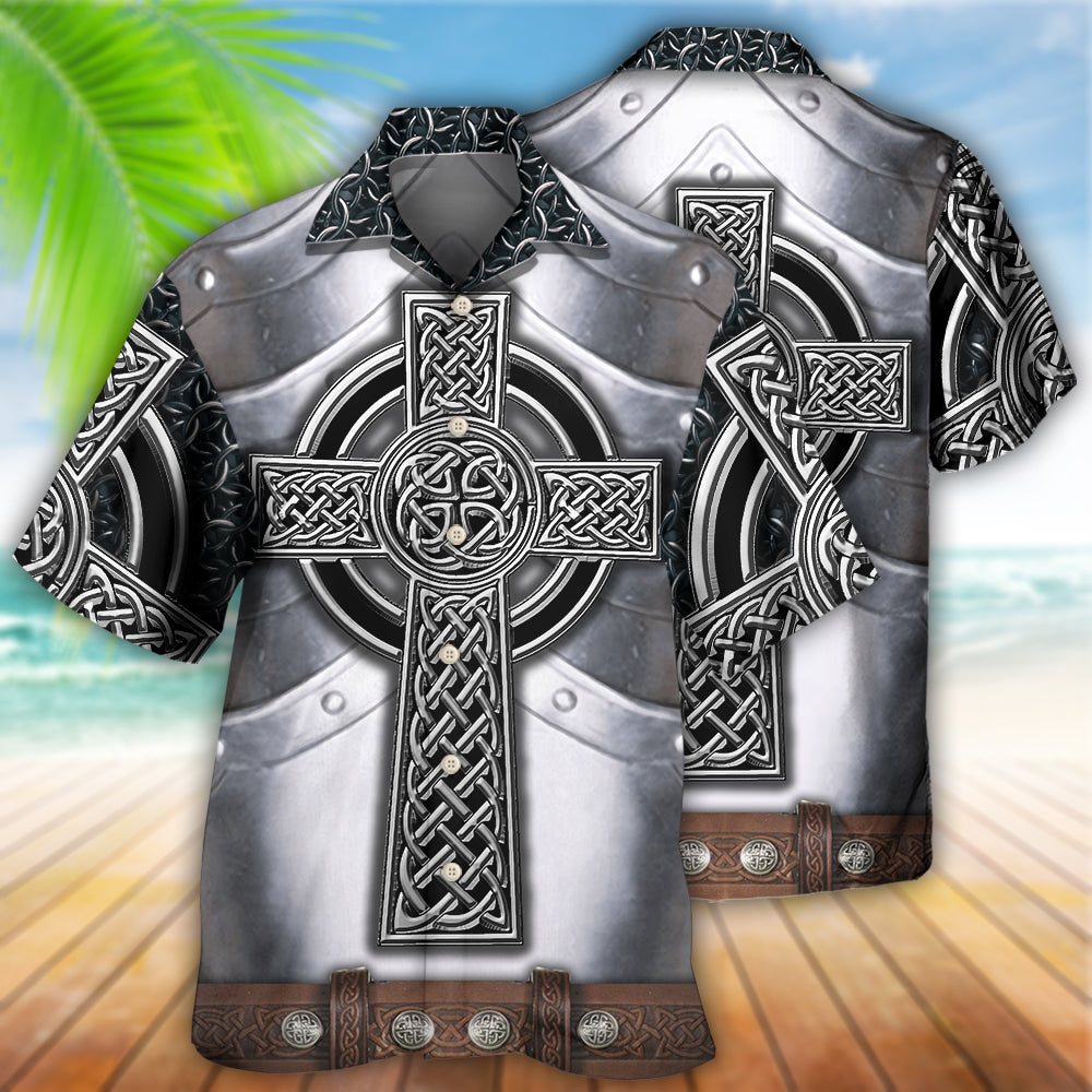 Irish Celtic Armor Metal Hawaiian Shirt Pattern Detail For Vacation Travel And Daily Wear
