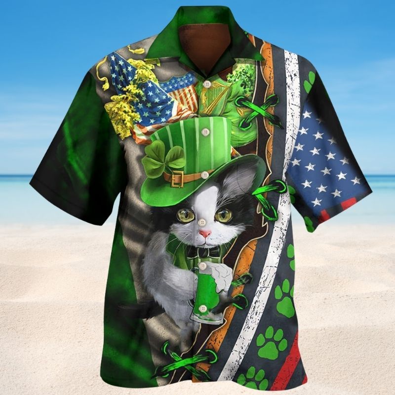 Irish Party Cat Hawaiian Shirt For Coastal Adventures Outdoor Gatherings And Casual Warm Weather Wear