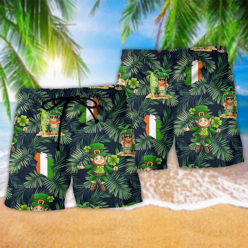 Irish Leprechaun Tropical Leaf Beach Shorts Artwork Detail For Poolside And Ocean Adventures