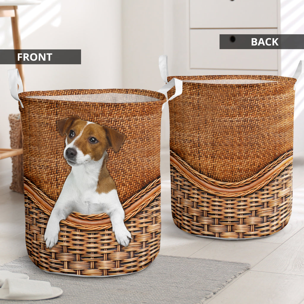 Jack Russell Dog Rattan Texture Laundry Basket For Room Home Organizer