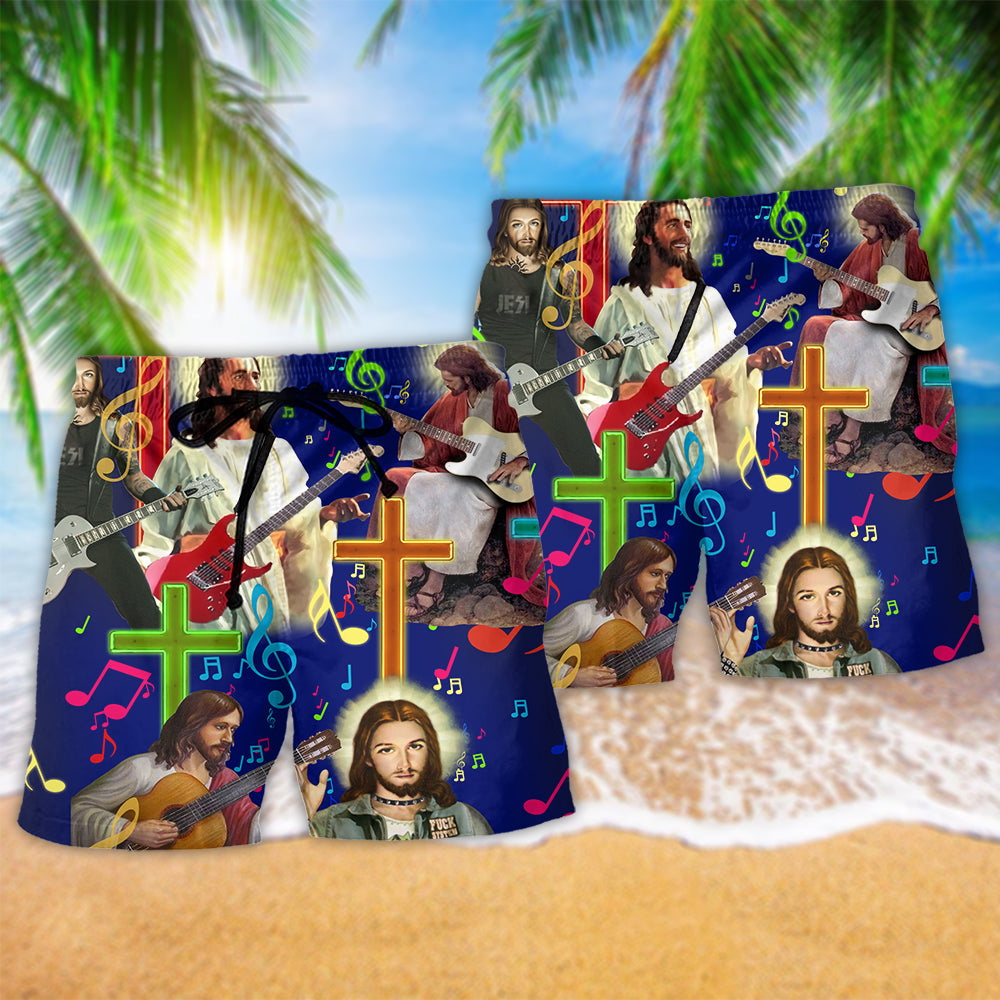 Jesus Guitar Music Notes Beach Shorts Pattern Detail For Poolside Fun And Easygoing Coastal Style