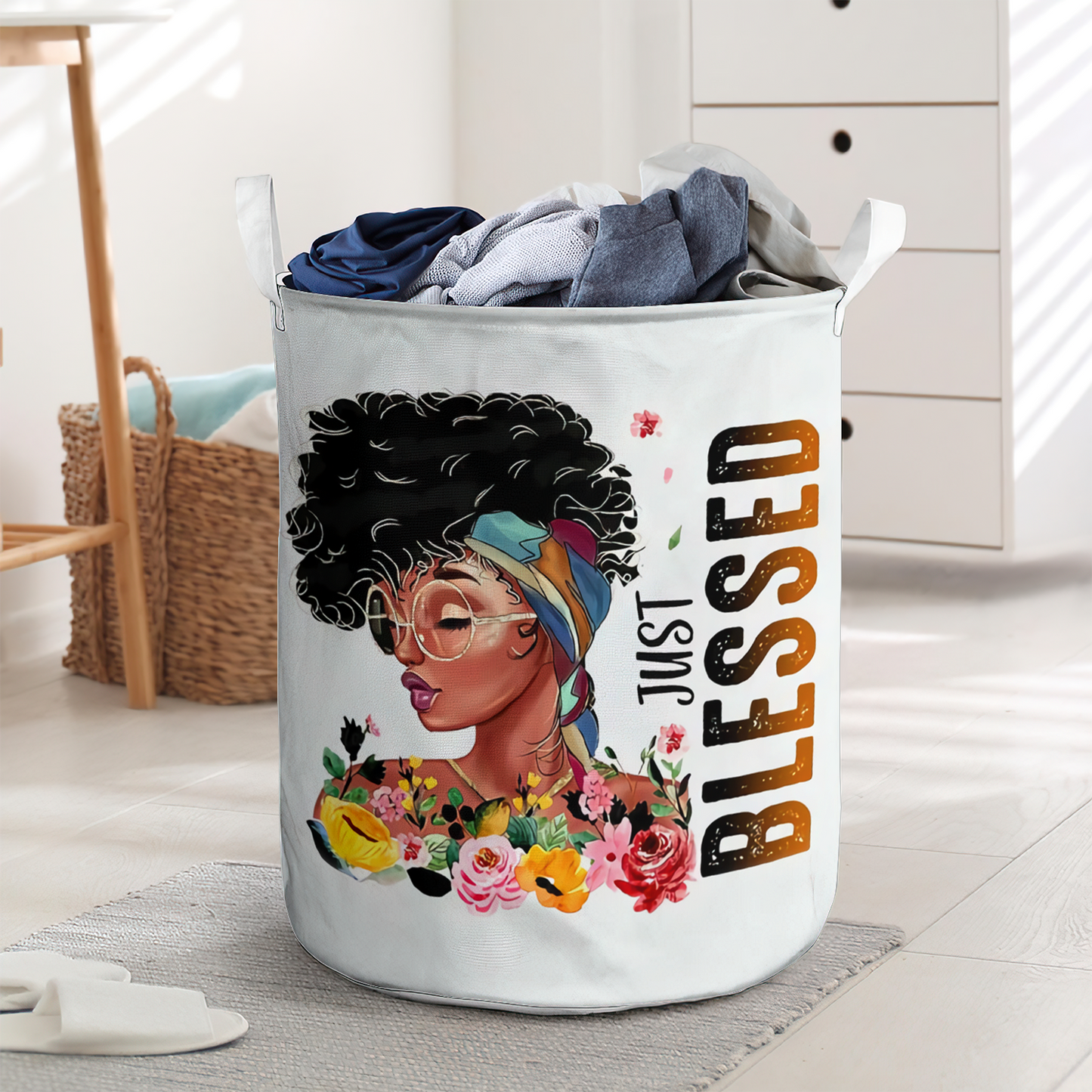 Just Blessed Black Woman Laundry Basket For Bathroom Bedroom Storage