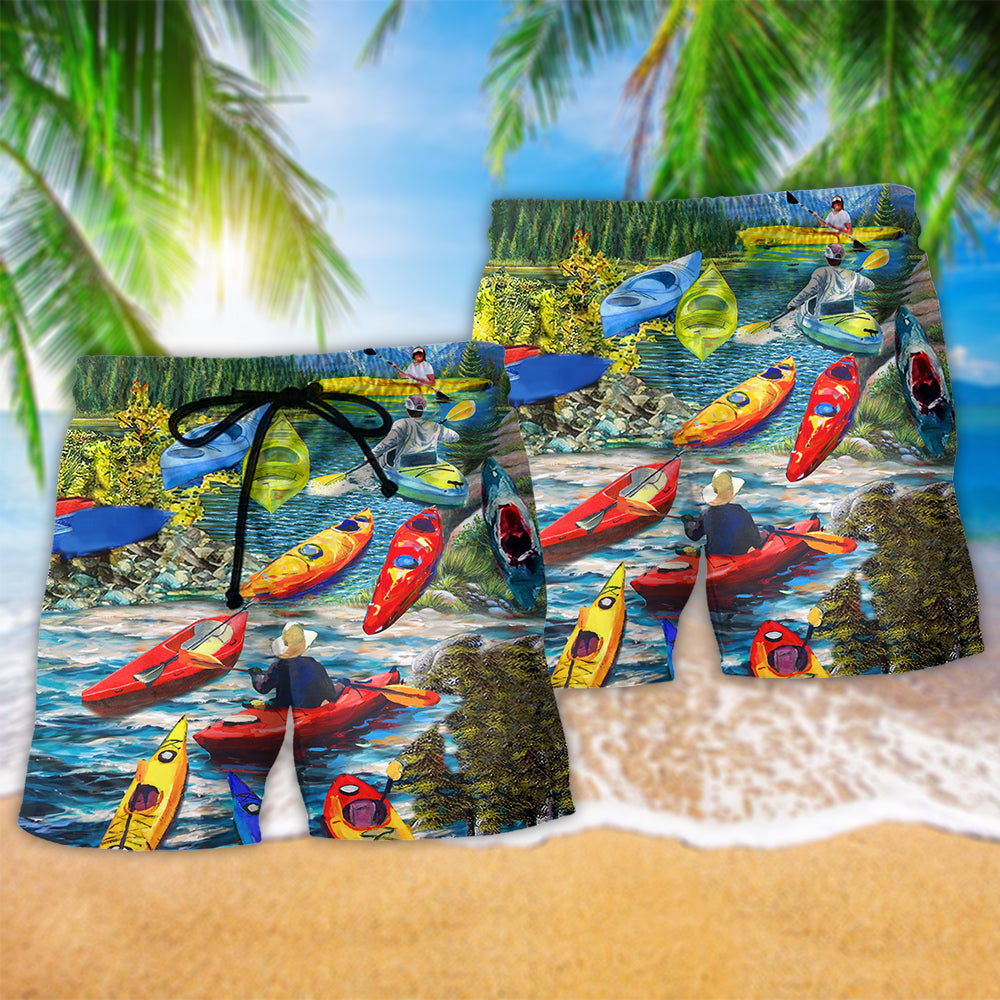 Kayaking River Adventure Beach Shorts Pattern Detail For Coastal Travel And Everyday Comfort