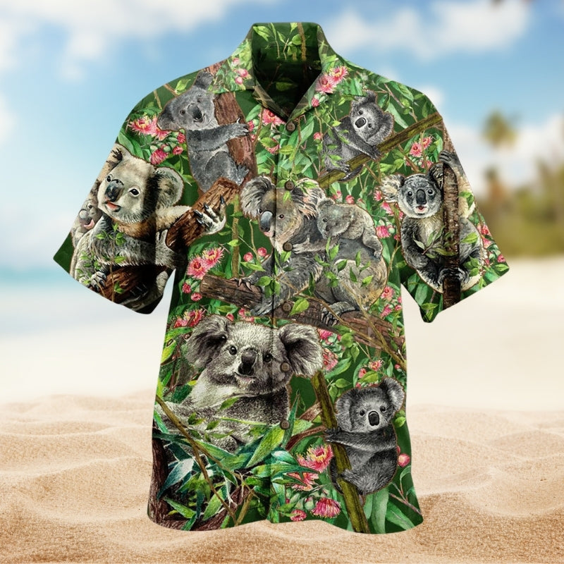 Koala Trees Hawaiian Shirt For Summer Vacation, Beach Travel, And Casual Wear