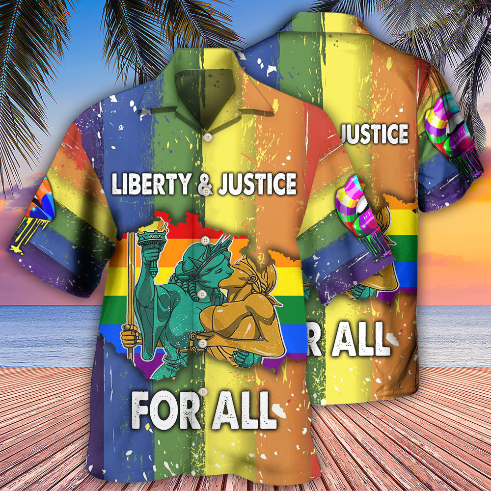 Liberty Justice Rainbow Equality Hawaiian Shirt For Summer Vacation, Beach Travel, And Casual Wear