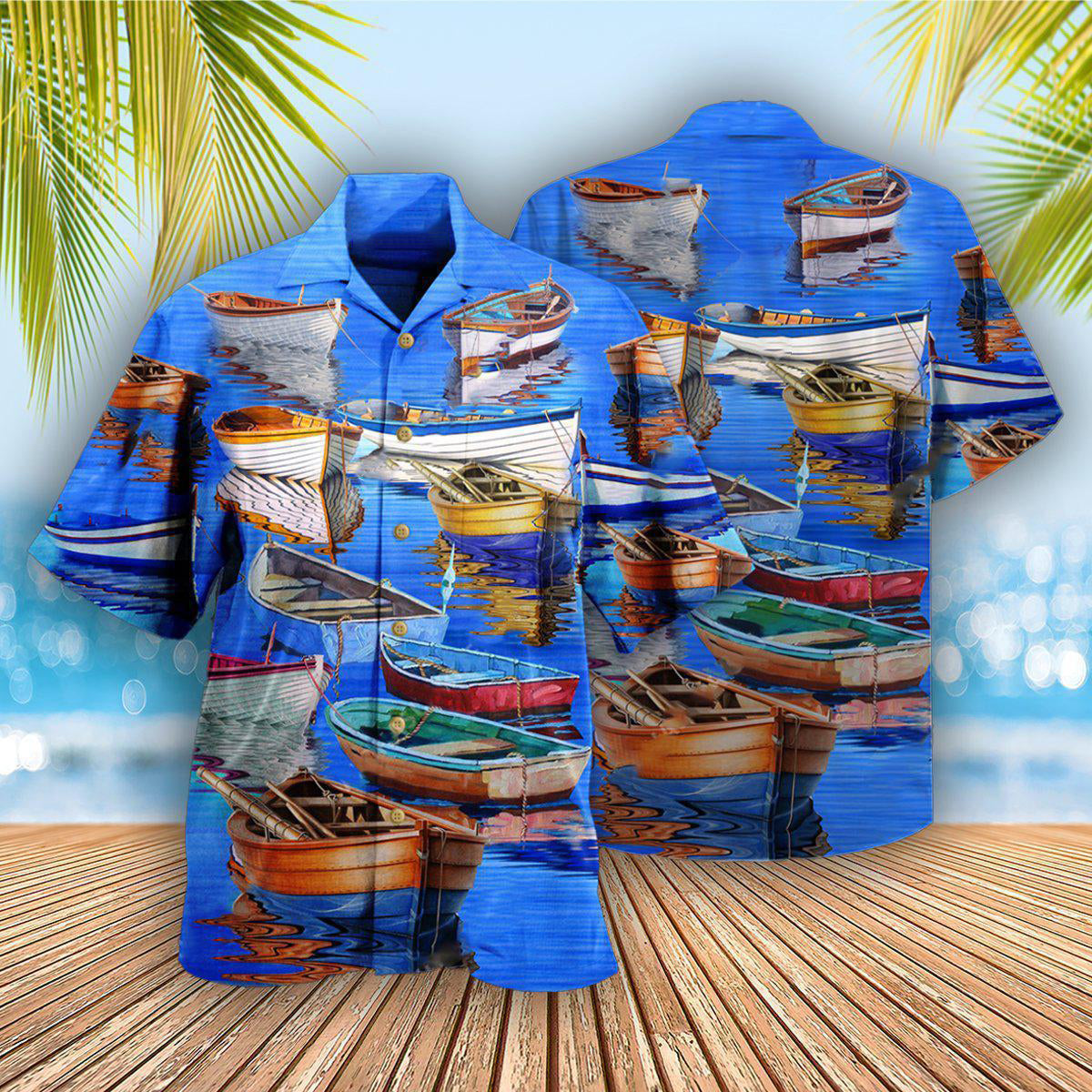 Blue Boat Hawaiian Shirt With All Over Print For Tropical Holiday Resort Parties And Everyday Style
