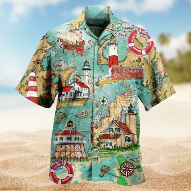 Lighthouse Guide Me Around The World Hawaiian Shirt For Summer Vacation Beach Travel And Relaxed Casual Wear