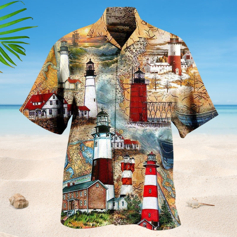 Lighthouse Past Hawaiian Shirt For Summer Vacation, Beach Travel, And Casual Wear