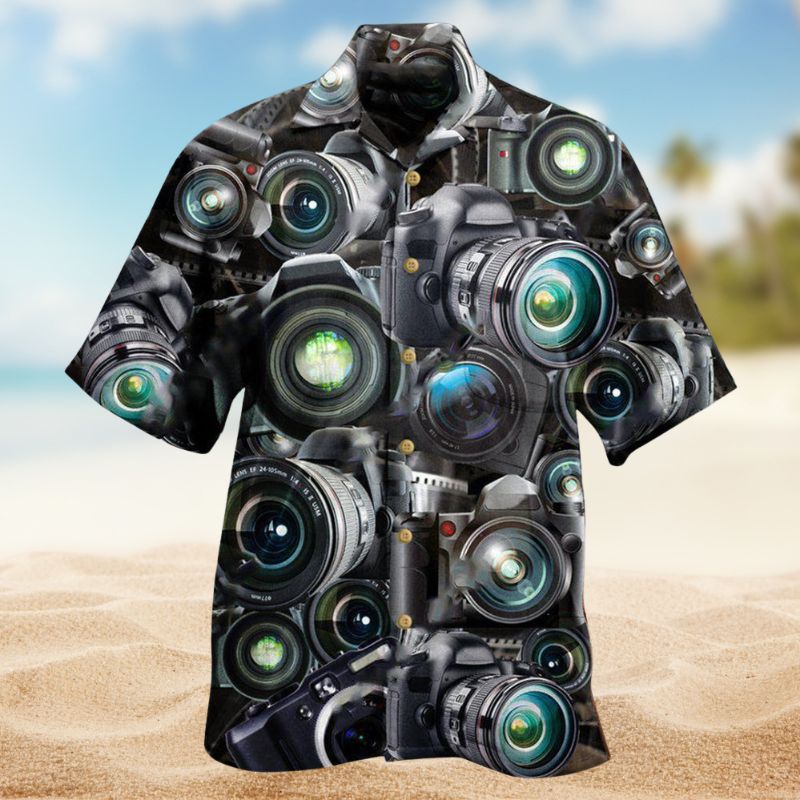 Look Through Cameras Hawaiian Shirt For Island Getaways Beach Parties And Comfortable Vacation Style