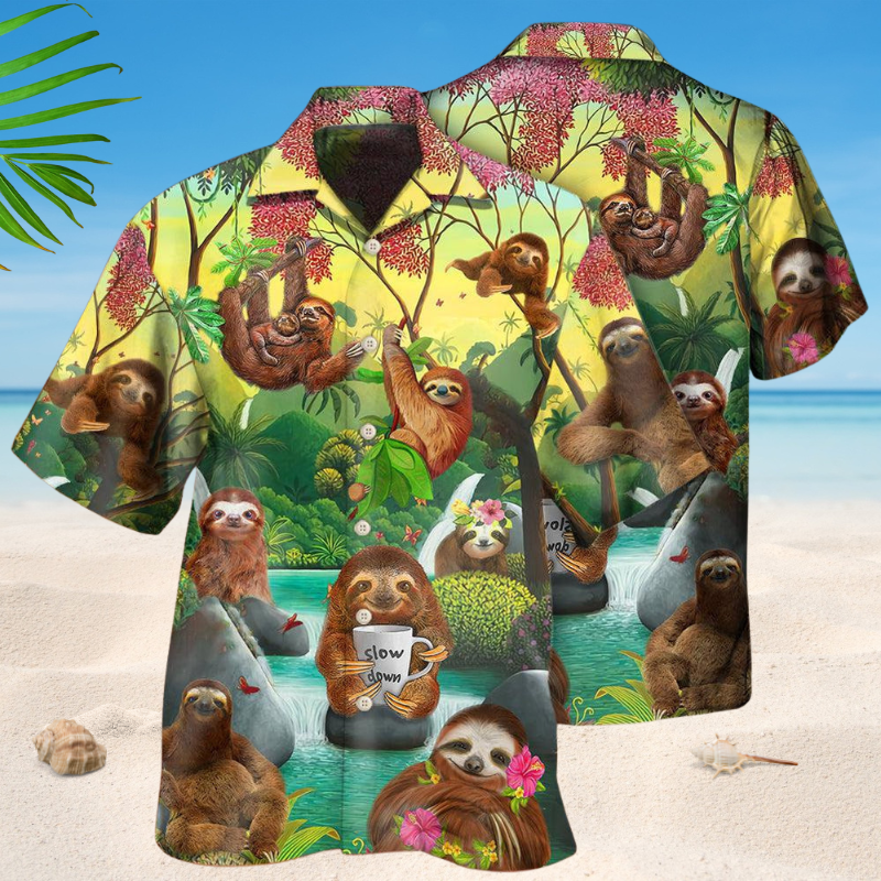 Cute Sloth Fresh Forest Hawaiian Shirt For Island Vacations, Weekend Events, And Relaxed Everyday Outfits