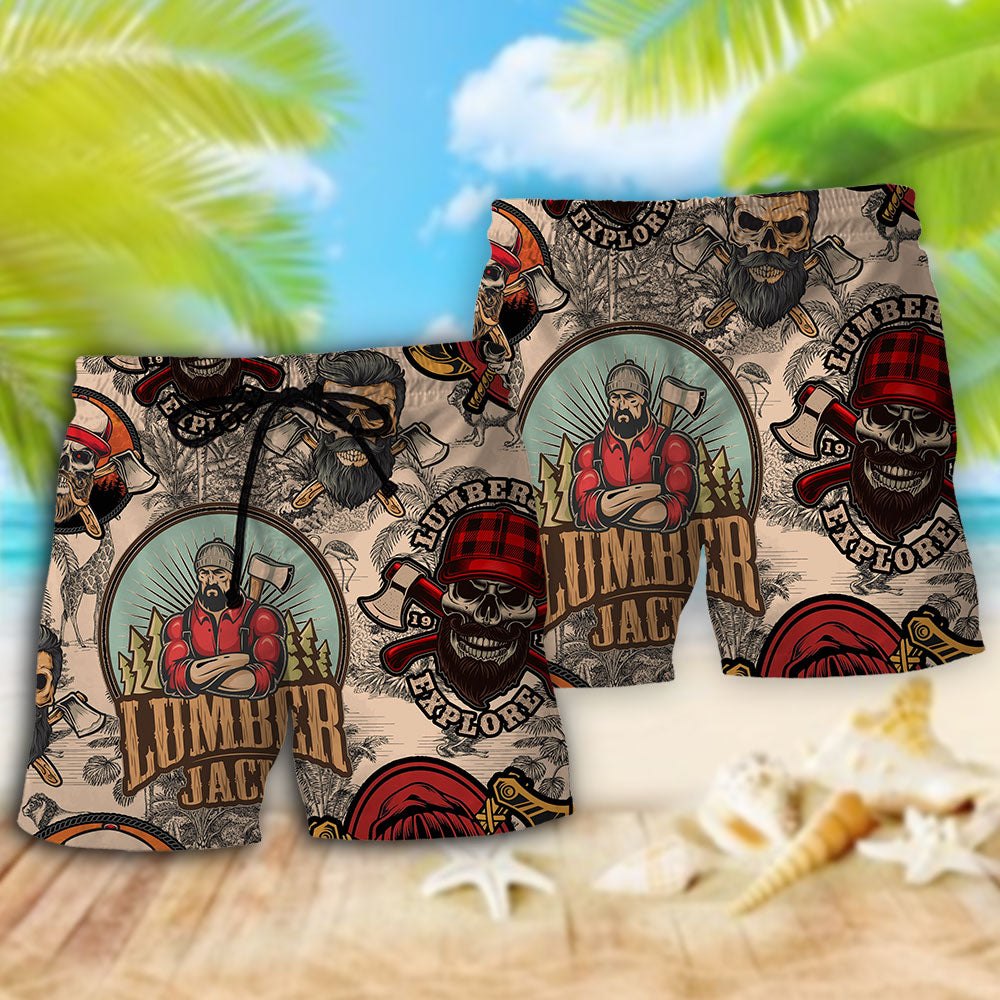 Cool Lumberjack Skull Rugged Beach Shorts Pattern Detail For Relaxed Warm Weather Outfits