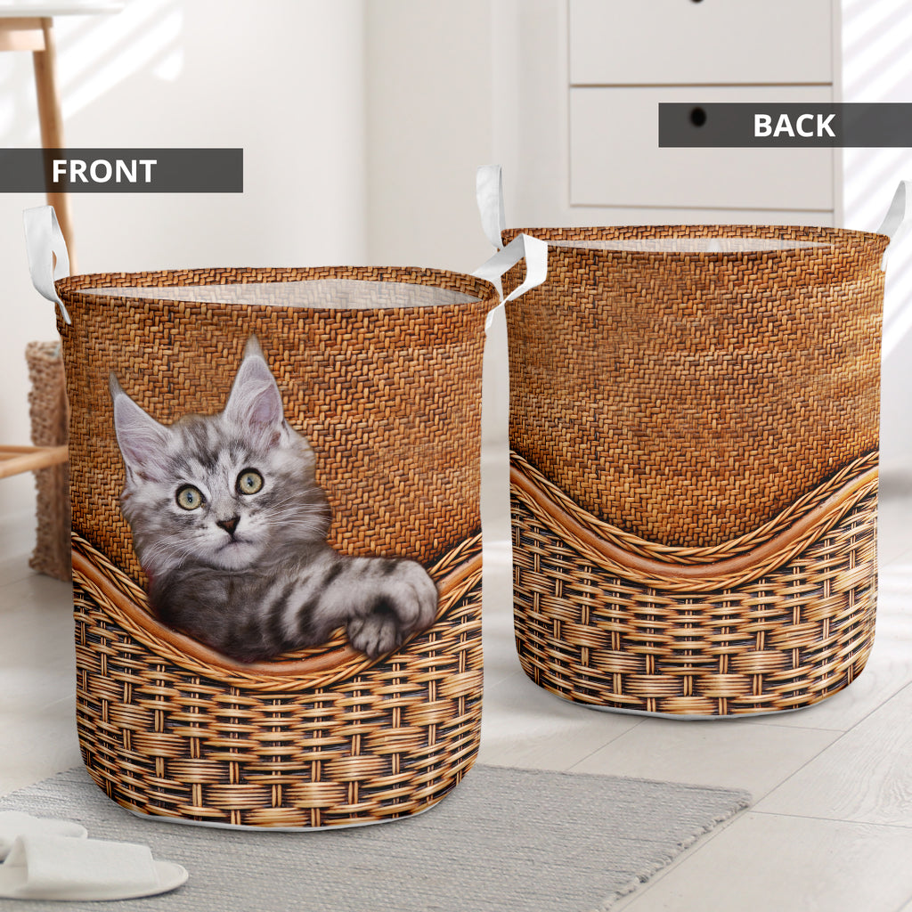 Maine Coon Cat Rattan Texture Laundry Basket For Room Home Organizer