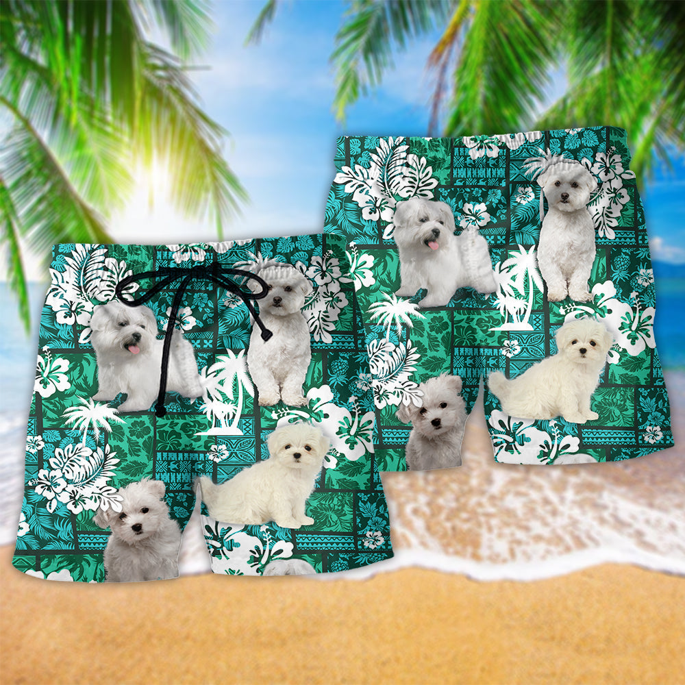 Maltese Dog Tropical Leaf Cute Beach Shorts For Beach Trips And Relaxed Vacation Styling
