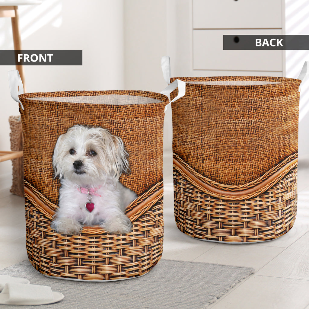 Maltese Terrier Dog Rattan Texture Laundry Basket For Room Home Organizer