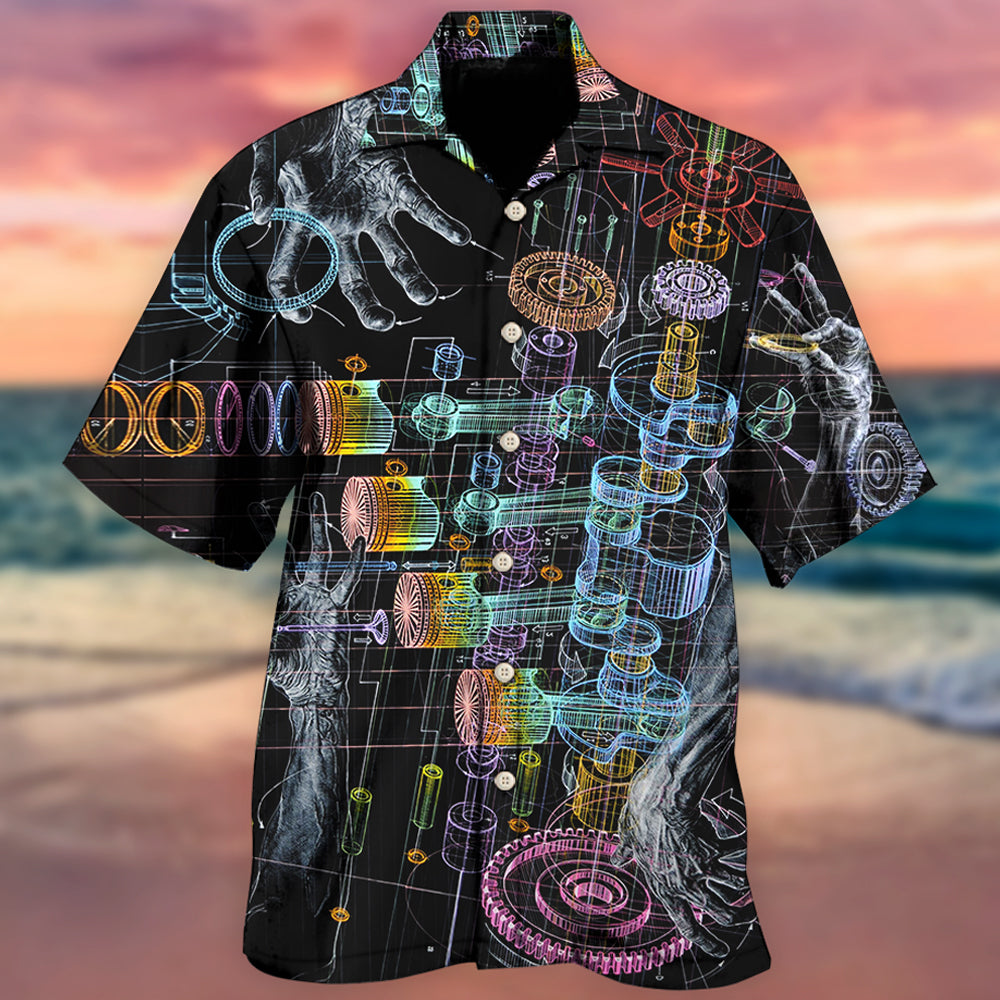 Neon Mechanic Hawaiian Shirt With Detailed Graphic For Island Holidays Summer Parties And Casual Outdoor Wear