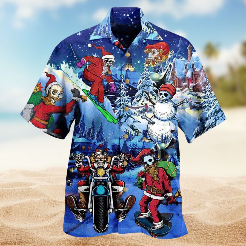 Merry Christmas With Skull Hawaiian Shirt For Tropical Holidays Resort Trips And Everyday Summer Style