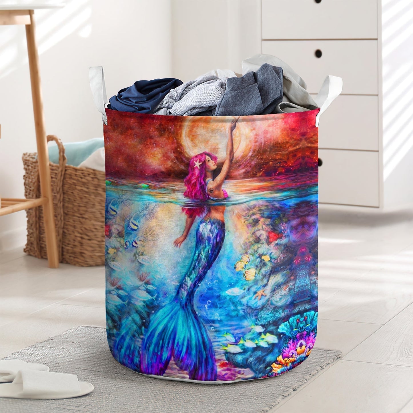 Beautiful Mermaid Blue Sea Laundry Basket For Bathroom Bedroom Storage