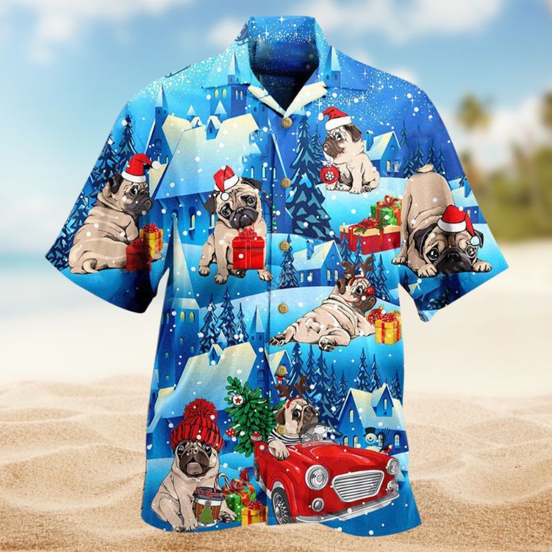 Merry Christmas With My Pug Hawaiian Shirt For Summer Vacation Beach Travel And Relaxed Casual Wear