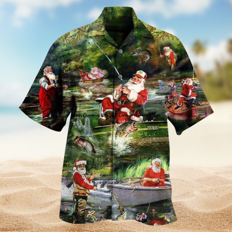 Merry Christmas Fishing Hawaiian Shirt For Resort Travel Summer Events And Thoughtful Casual Gifting