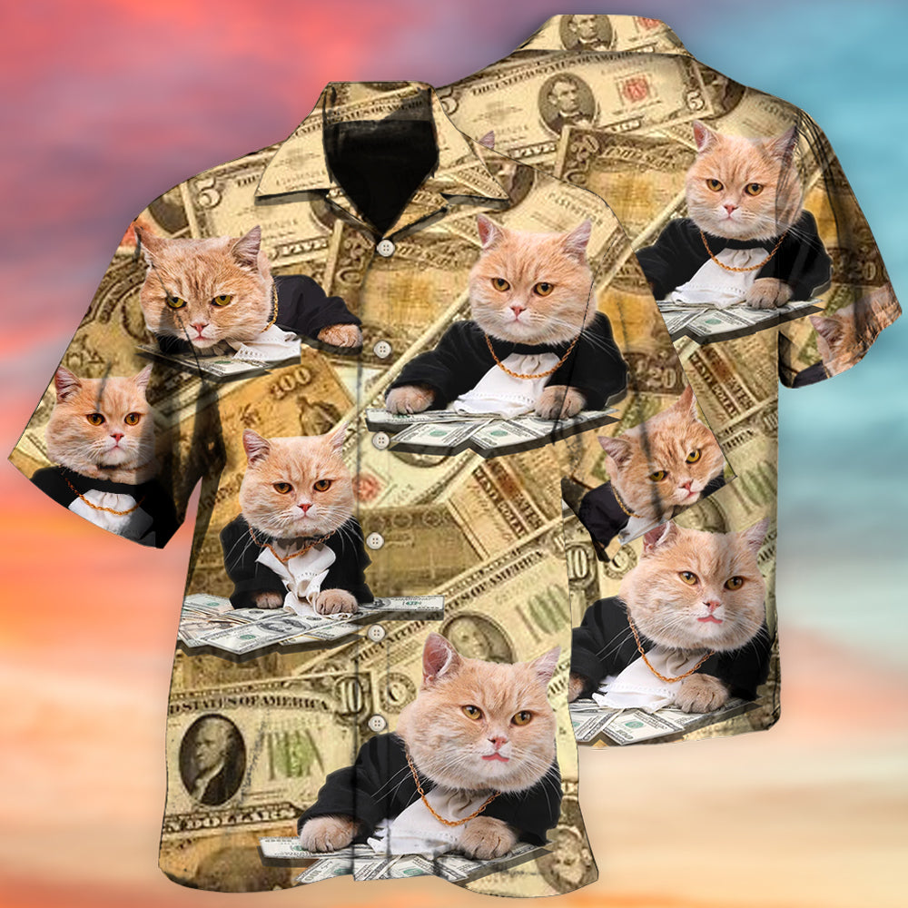 Vintage Creative Lucky Money Cat Hawaiian Shirt For Summer Vacation, Beach Travel, And Casual Wear