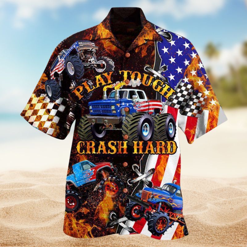 Monster Truck Play Tough Crash Hard Hawaiian Shirt For Resort Travel Scenic Drives And Casual Summer Wear