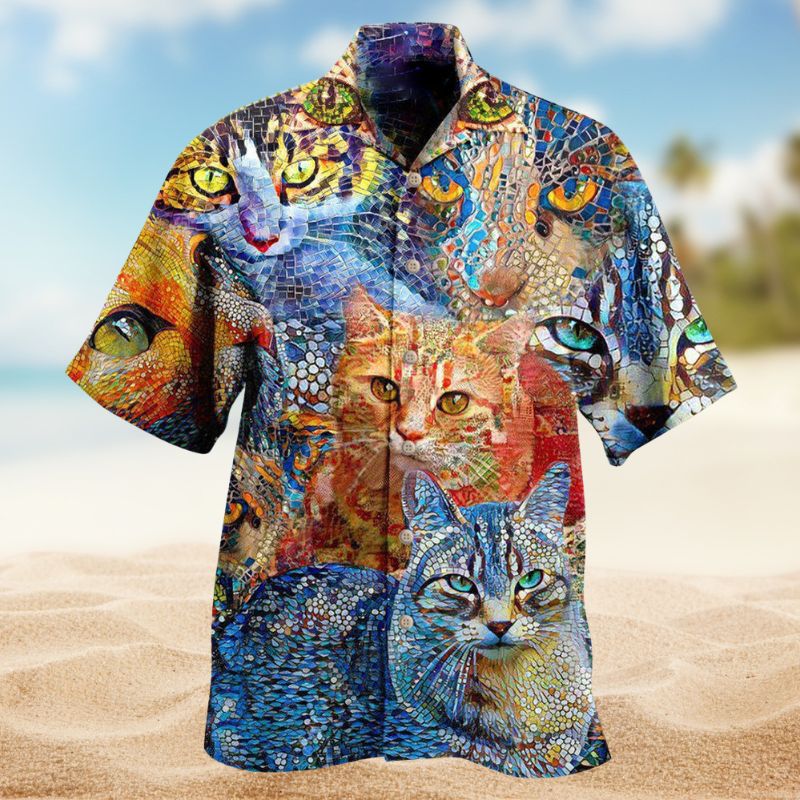 Mosaic Amazing Cats Hawaiian Shirt For Island Getaways Beach Parties And Comfortable Vacation Style