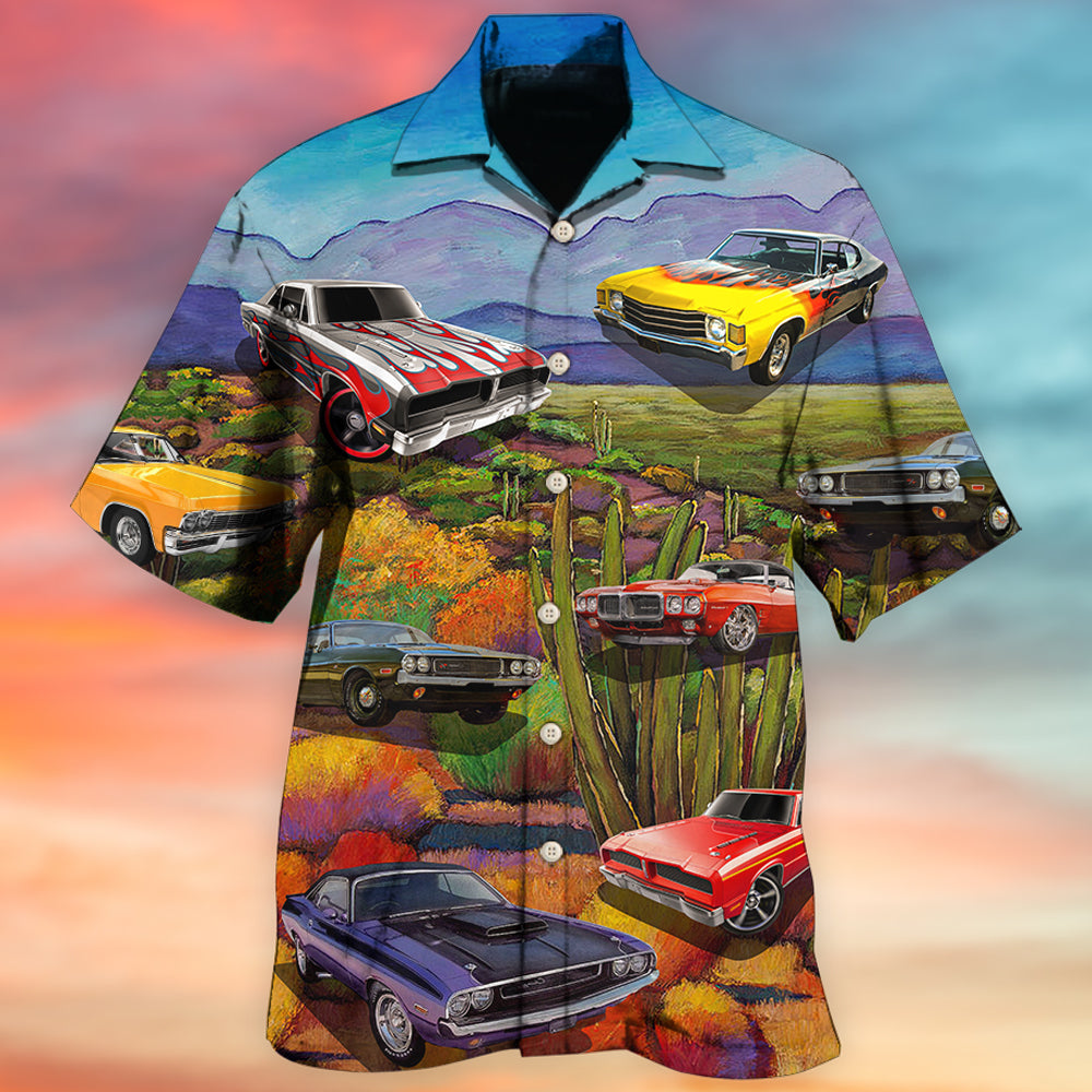 Classic Car Hawaiian Shirt With Detailed Graphic For Tropical Travel Beach Gatherings And Comfortable Wear