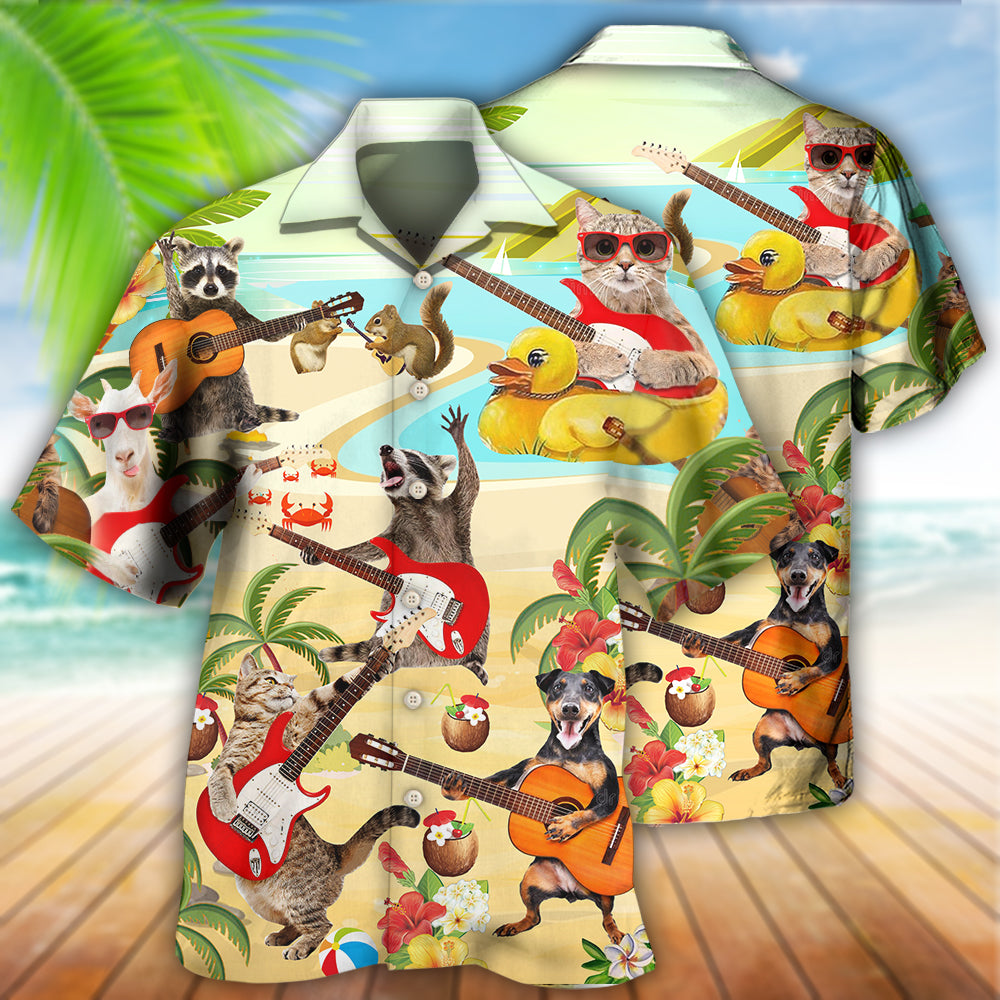 Floral Guitar Music Animals Hawaiian Shirt Pattern Detail For Vacation Travel And Daily Wear