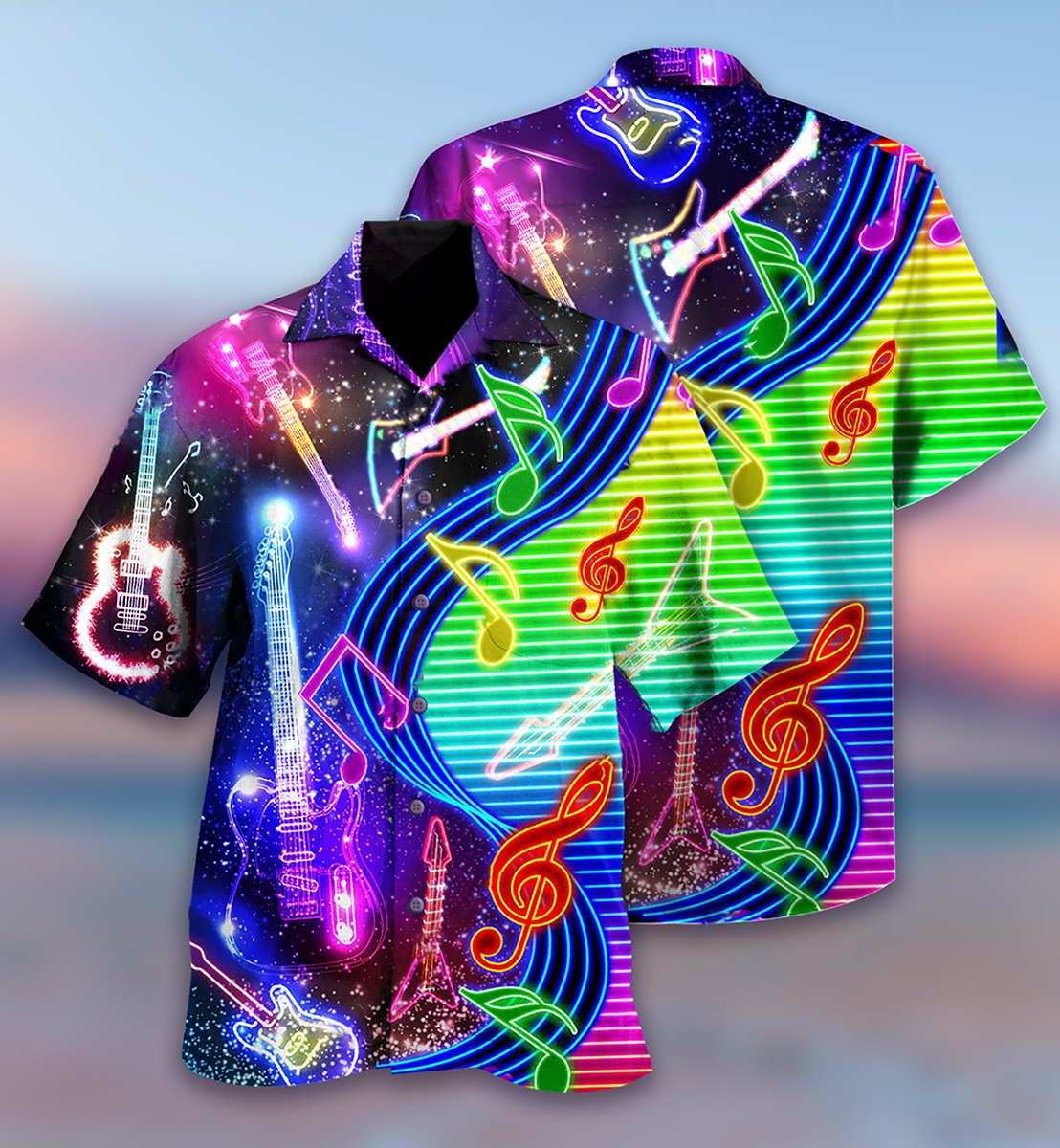 Neon Guitar Hawaiian Shirt With All Over Print For Resort Holidays Beach Travel And Relaxed Casual Fashion