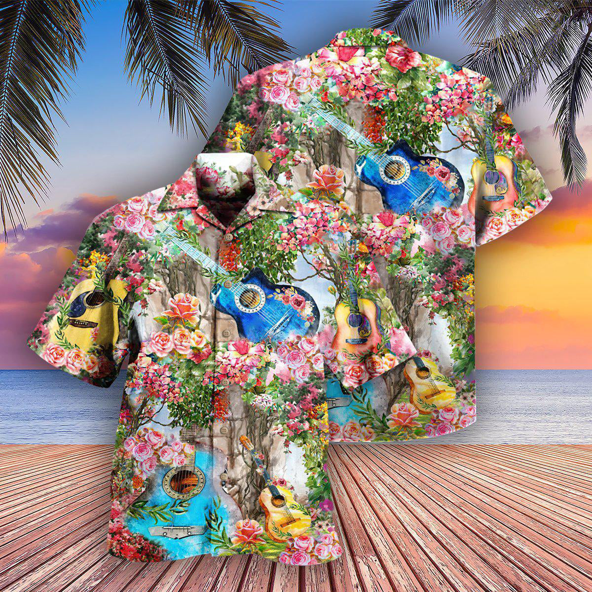 Rose Guitar Hawaiian Shirt With All Over Print For Tropical Holiday Resort Parties And Everyday Style